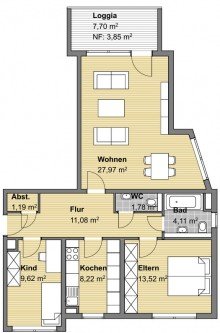 Grundriss Lichtdurchflutete 3-Zimmer-Wohnung mit Loggia und TG-Stellplatz