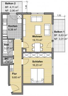 Grundriss Bezugsfrei: 2-Zimmer-Wohnung nahe der Karlsruher FH mit zwei Balkonen und PKW-Stellplatz