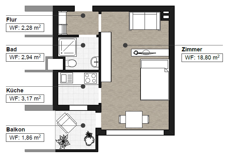 M�blierter Grundriss WE52 Etagenwohnung Karlsruhe