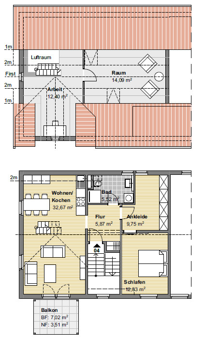 Grundriss Maisontte-Wohnung Maisonettewohnung Bischweier
